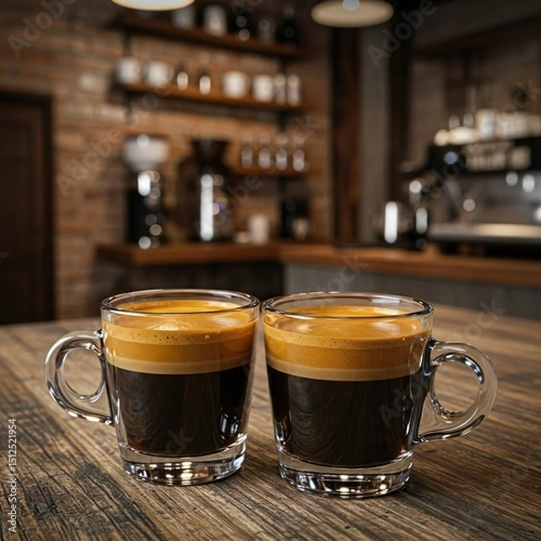 Fototapeta Double Espresso with Crema in White Demitasse Cup on Rustic Café Table


