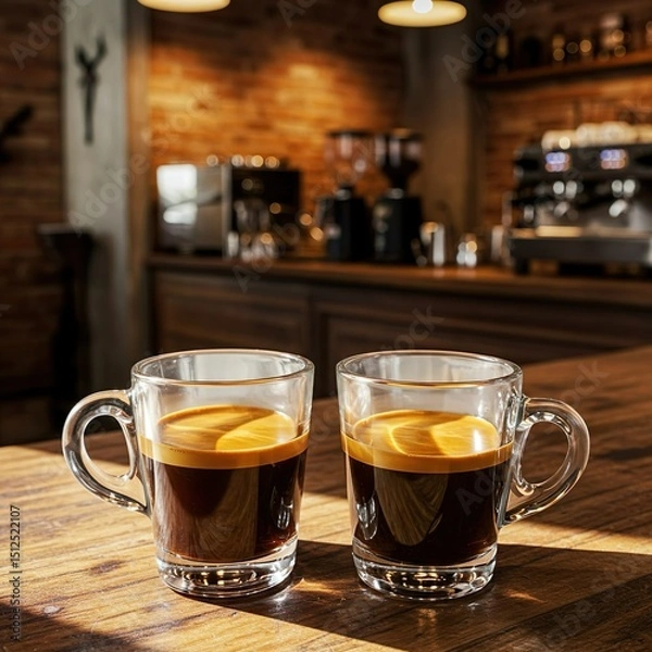 Fototapeta Double Espresso with Crema in White Demitasse Cup on Rustic Café Table


