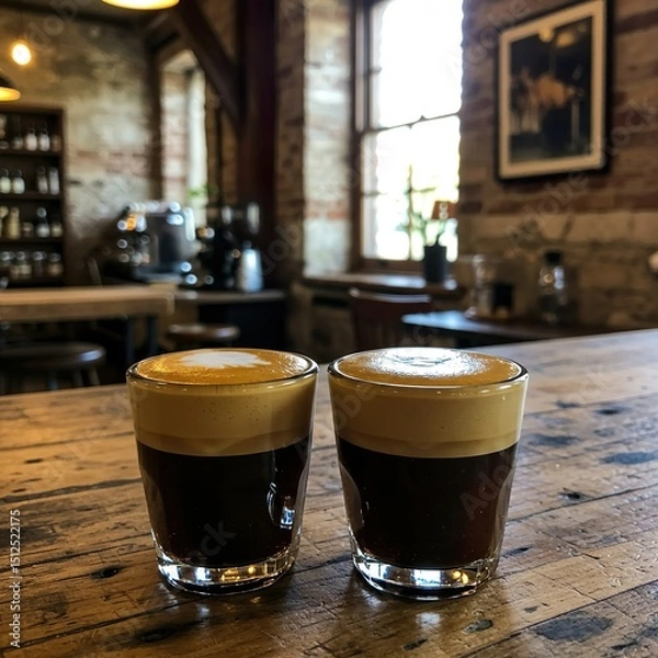 Fototapeta Double Espresso with Crema in White Demitasse Cup on Rustic Café Table

