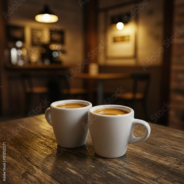 Fototapeta Double Espresso with Crema in White Demitasse Cup on Rustic Café Table


