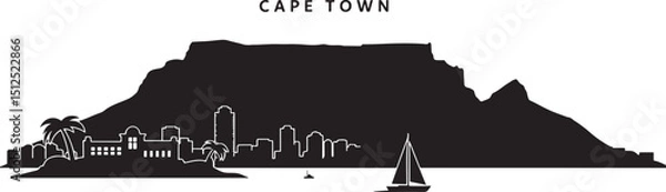Fototapeta Silhouette Illustration of Cape Town Skyline with Table Mountain and Sailboat on the Ocean at Twilight