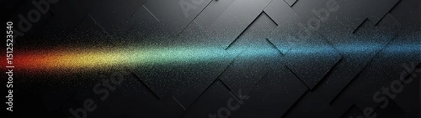 Fototapeta A vibrant rainbow beam cuts across gradient 3D tiles on a dark background, scattered with laser-like particles and monochrome lines
