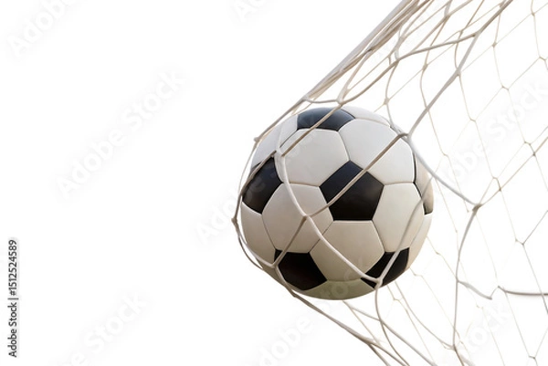 Fototapeta Soccer ball in net goal isolated on a white background png ai generated