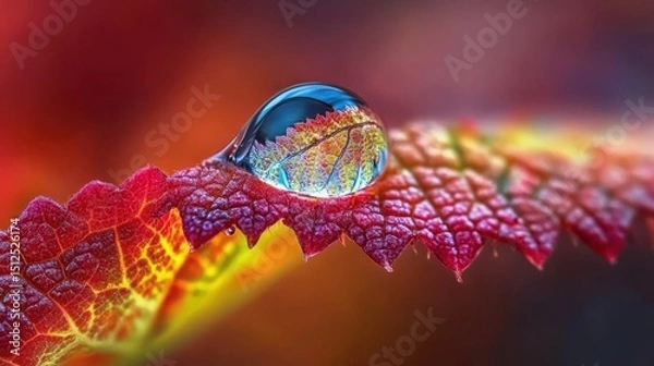 Fototapeta A vibrant autumnal dewdrop resting on a colorful leaf.