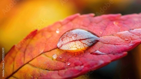 Fototapeta Close-up view of a dewdrop on a vibrant autumn leaf.