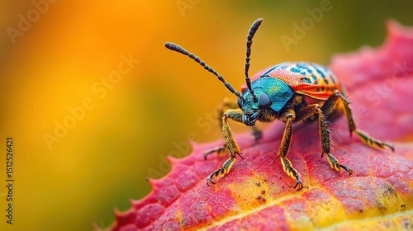 Fototapeta Vibrant colorful beetle on autumnal leaf close-up.