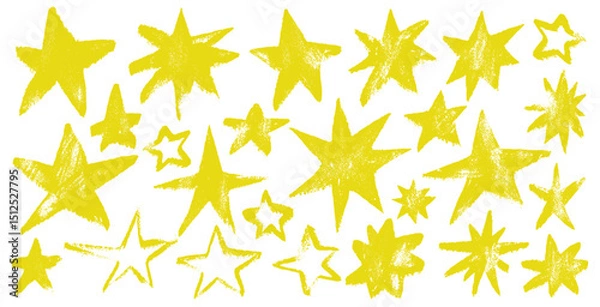 Fototapeta Set of chalk stars with ragged jagged edges. Kids grunge yellow stars with crayon texture. Template hand drawing shape in kid sketch style on white background. Vector stars in a childish style.