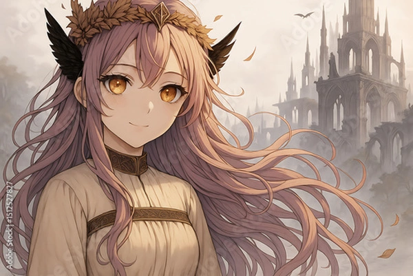 Fototapeta Beautiful anime girl with flowing purple hair and golden eyes wearing a medieval crown of leaves and black feathers, standing before mysterious ancient ruins in a fantasy world.