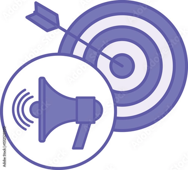 Fototapeta Colored Advertisement Icon. Vector Illustration. Megaphone and Target with Arrow. Communication to Attract the Attention of the Target Audience to the Promotion Object. Influencer Concept