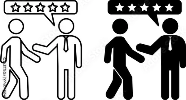 Fototapeta Review Icons. Black and White Vector Illustration. Man Gives Good Recommendation To Another Person. Analysis, Evaluation, Comment, or Discussion About Something. Influencer Concept