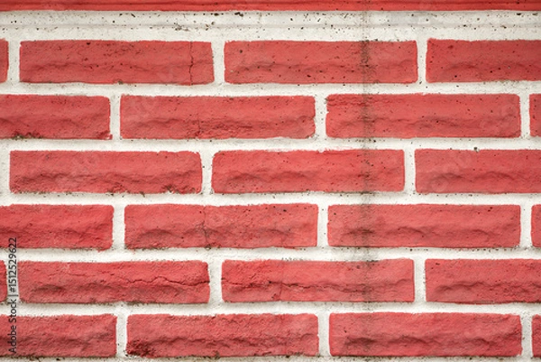 Fototapeta Red Brick Wall with White Mortar in Rustic Building Design, Real Photo, Natural Red Wall