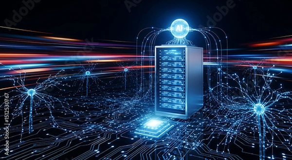 Obraz Artificial intelligence server surrounded by glowing circuits and data streams