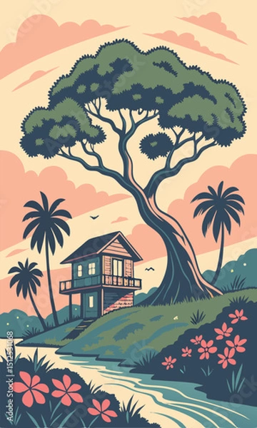 Obraz landscape with a house poster vector banner style retro