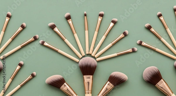 Fototapeta High-quality makeup brushes arranged in artistic pattern on green backdrop