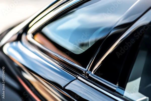 Fototapeta Glossy auto body detail reflecting light, showing curved lines and window glass. Sleek design with high-gloss black paint.