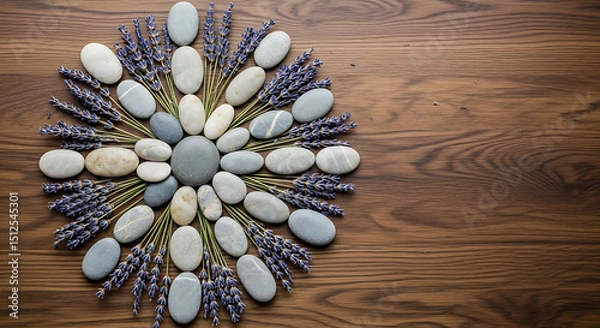 Fototapeta Decorative arrangement of pebbles and lavender on wooden surface