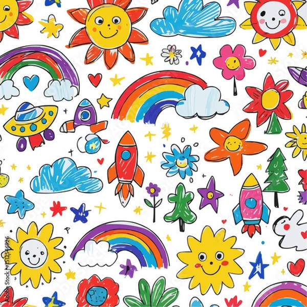 Fototapeta seamless pattern with rainbow and flowers