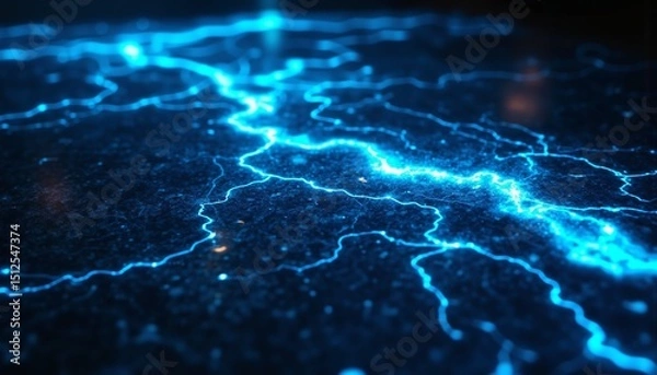 Fototapeta Electric Blue Light Veins on Dark Gray Granite Surface, Serene Otherworldly Atmosphere