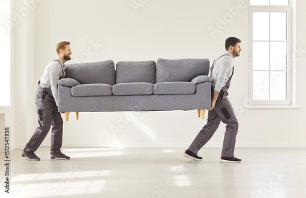 Fototapeta Workers of furniture store delivering sofa, upholstery, repair services advertisement, relocation at home placing new modern comfy couch in light living room, office moving day and renovation 