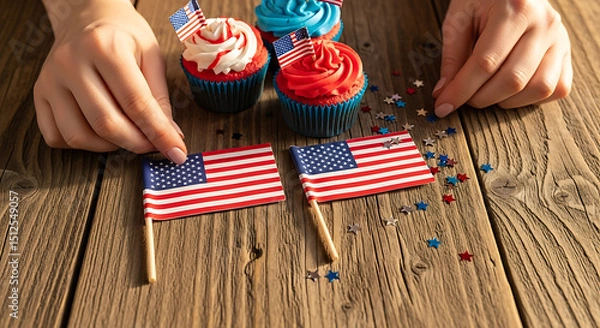 Fototapeta Creating festive cupcakes with American flags for a celebration