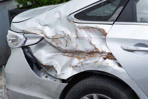 Fototapeta Damaged car rear side with severe dents and rust, showing aftermath of a collision or accident.