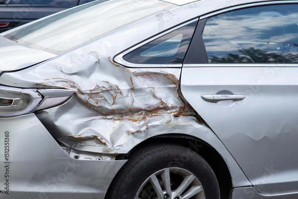 Fototapeta Damaged car rear side with severe dents and rust, showing aftermath of a collision or accident.