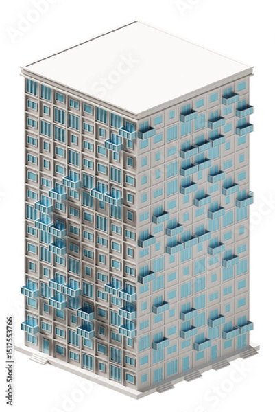 Fototapeta Blue door and window building isometric. 3d rendering.	