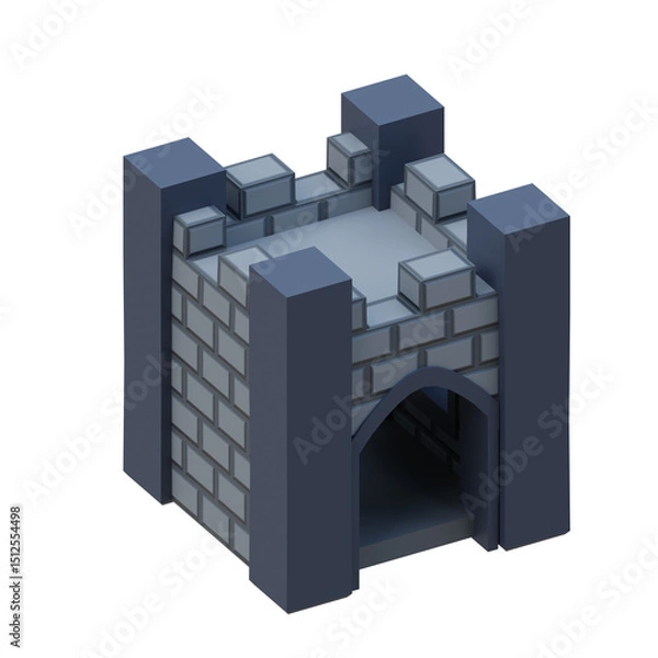 Fototapeta Gray brick medieval building isometric style fortress. 3d rendering.
