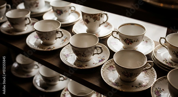 Fototapeta Vintage china tea cups and saucers displayed on a wooden shelf