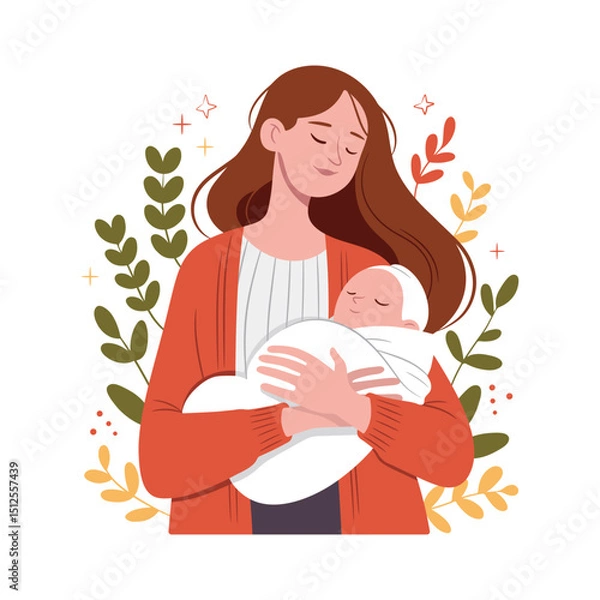 Obraz Woman holding her cute baby in arms. Pregnancy and breastfeeding concept. Mom and child in warm clothes. Mother's day, vector illustration with flower botanical leaf ornament in cartoon style.