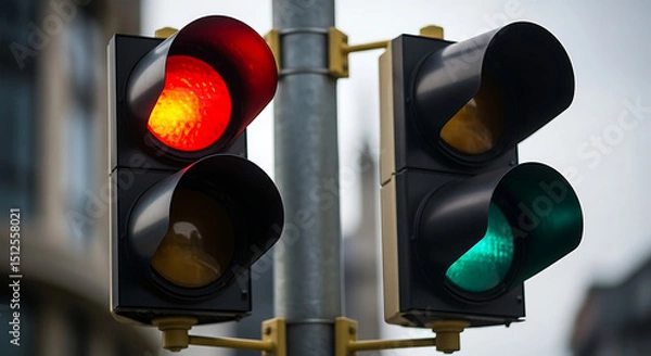 Fototapeta Traffic lights display red and green signals in a busy urban intersection