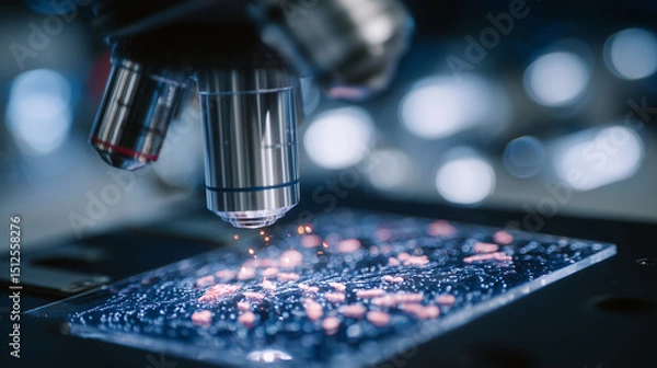 Fototapeta Microscopic close-up of nanotechnology-based drug delivery systems being analyzed in a bioscience research lab