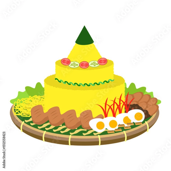 Fototapeta Three-layered yellow rice cone with vegetables, egg, and garnish