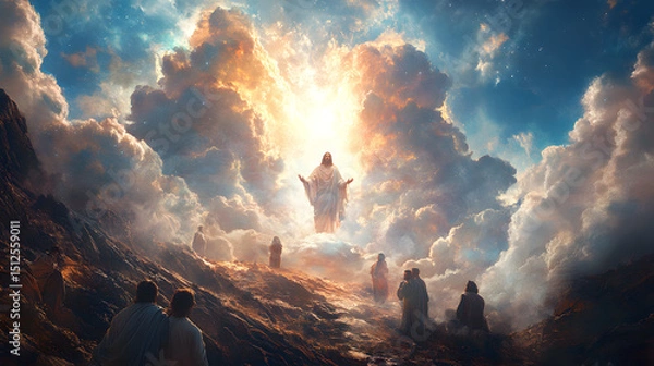 Fototapeta Jesus transfigured on the mountain, radiant light shining from His figure, Moses and Elijah appearing beside Him, disciples in awe, dramatic clouds and bright spiritual highlights