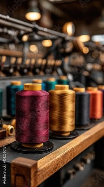 Fototapeta Vibrant colorful thread spools arranged on wooden textile machine in traditional garment factory workshop with warm ambient lighting and industrial sewing equipment