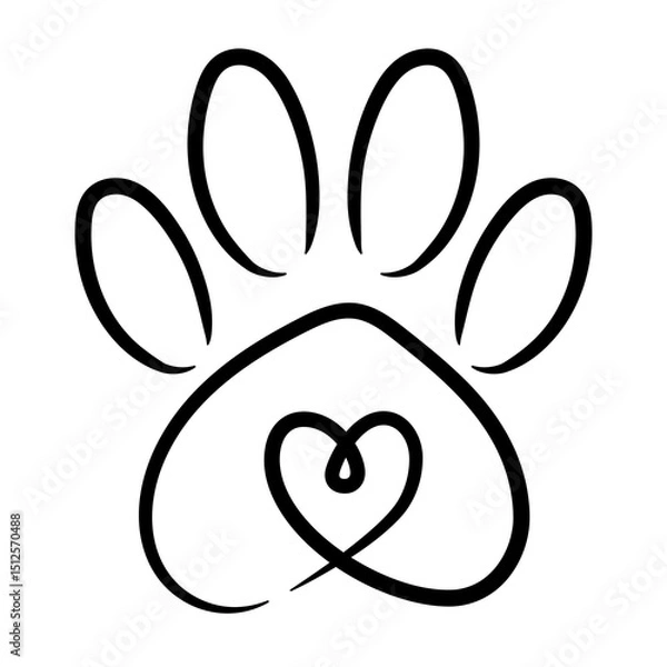 Obraz Paw Print with Heart Connected – Minimal Line Art Pet Icon for Animal Lovers and Rescue Design