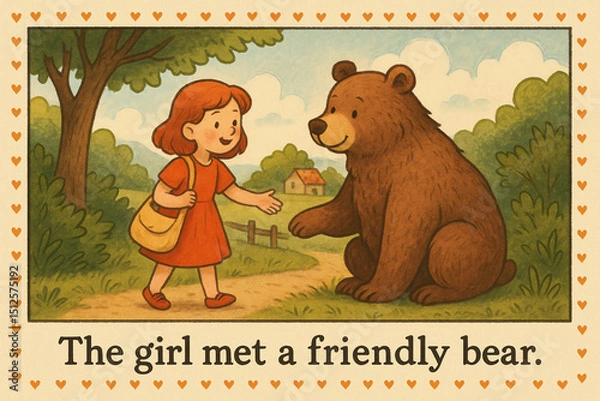 Fototapeta A Heartwarming Tale of Friendship: Girl Meets a Bear in the Forest