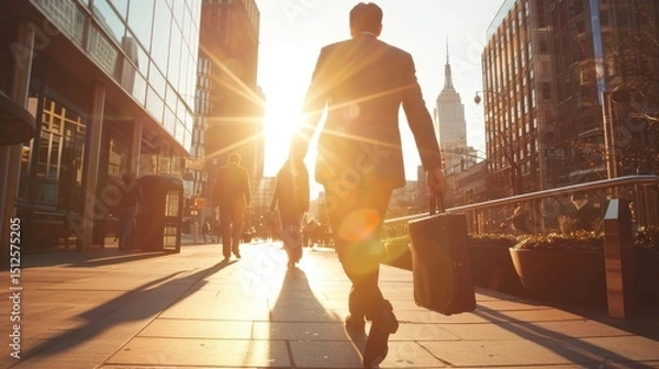 Obraz Investors with briefcases leaving wall street, heading towards a distant european skyline at dawn
