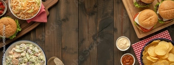 Obraz Summer Picnic Platter with Burgers, Chips, and Coleslaw on a Wooden Table