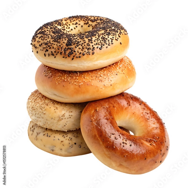 Fototapeta Delicious Bagels Stacked High for Breakfast or Brunch, isolated transparent background Png, AI Generative