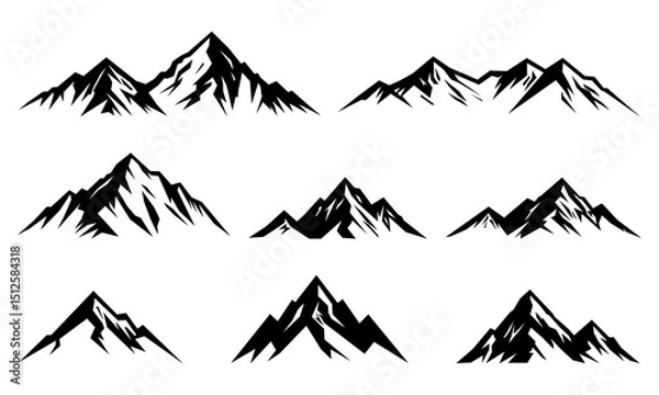 Obraz Black Mountains Silhouettes Set, Rocks Peaks, Hills, Isolated On White Background. Vector Illustration