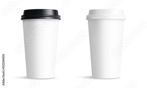 Obraz Two Blank Tall Paper Coffee Cups Mockups With Caps, Front View, Isolated On White Background. Vector Illustration