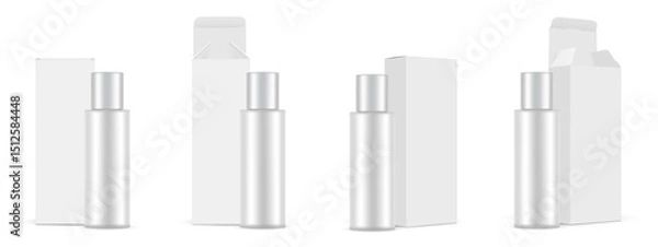 Fototapeta Set Of Plastic Cosmetic Bottles With Paper Boxes. Blank Packaging Mockup, Front And Side View, Opened And Closed Lid, Isolated On White Background. Vector Illustration