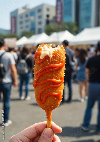 Obraz Bitten Korean corn dog with spicy mayo dripping held over blurred street crowd
