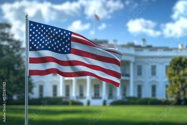 Fototapeta Close-up view of the USA flag waving with the White House in the background on a clear day