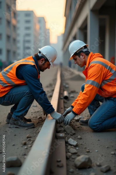 Fototapeta Two workers building and repairing train tracks