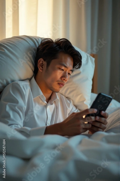 Fototapeta A person lying in bed staring at their smartphone