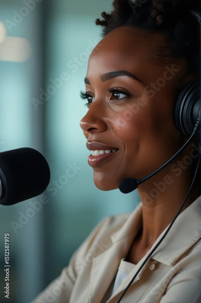 Fototapeta A woman wearing a headset and microphone, ready for recording or broadcasting