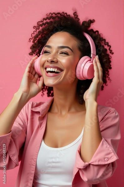Fototapeta A happy woman wearing pink headphones, suitable for use in lifestyle or technology-related contexts