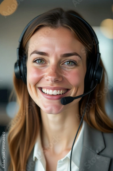 Fototapeta A woman wearing a headset and smiling, possibly in a professional or virtual reality setting